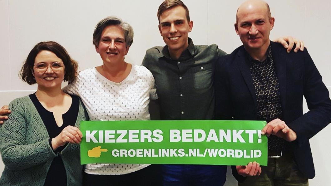 Nieuwe GroenLinks-team: Mischa Peters, Conny de Laat, Tim de Kroon (fractievz) en Bas de Jong Nieuwe GroenLinks-team: Mischa Peters, Conny de Laat, Tim de Kroon (fractievz) en Bas de Jong